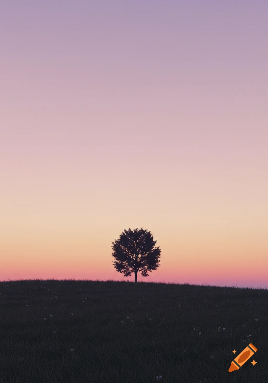 A minimalist landscape featuring a solitary tree silhouetted on a grassy hill against a gradient purple and orange sunset sky.