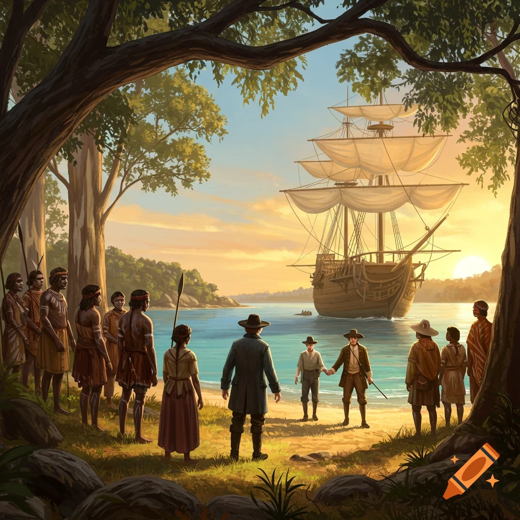 Indigenous Australians and European settlers meet on a sandy shore as a large sailing ship is anchored in the bay at sunset, framed by trees.