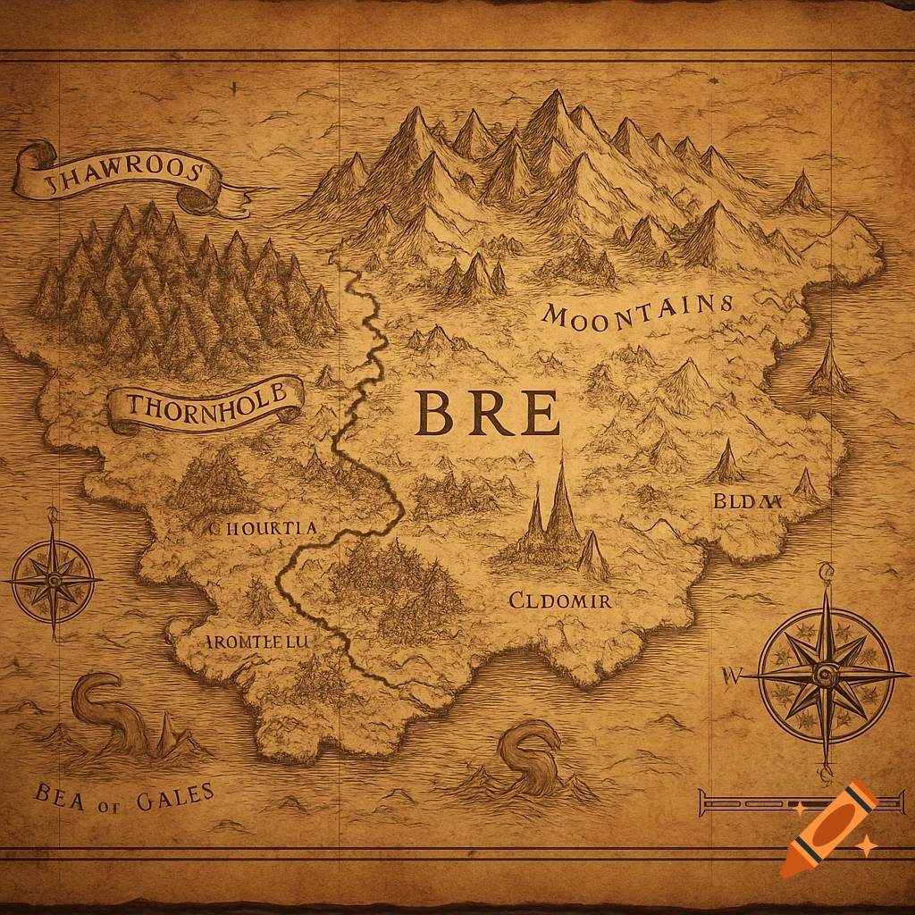 An old, detailed fantasy map on aged parchment, showing mountains, forests, rivers, and bodies of water labeled "Bea of Gales." Various regions are named, including "Bre," "Thornhole," and "Shawroos." Two compass roses are visible at the corners.