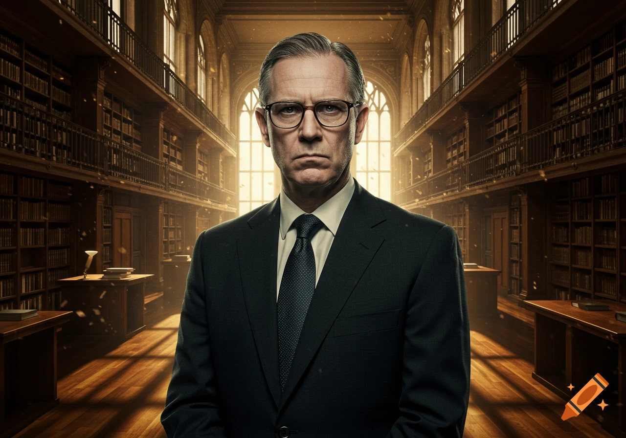 Photorealistic portrait of a stern man in a suit and glasses, standing in a grand, sunlit library.