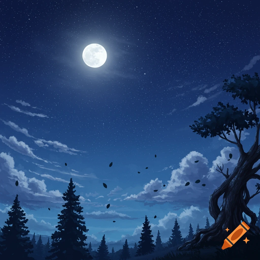 A full moon illuminates a starry night sky over a forest of pine trees and a large gnarled tree, with clouds and falling leaves.