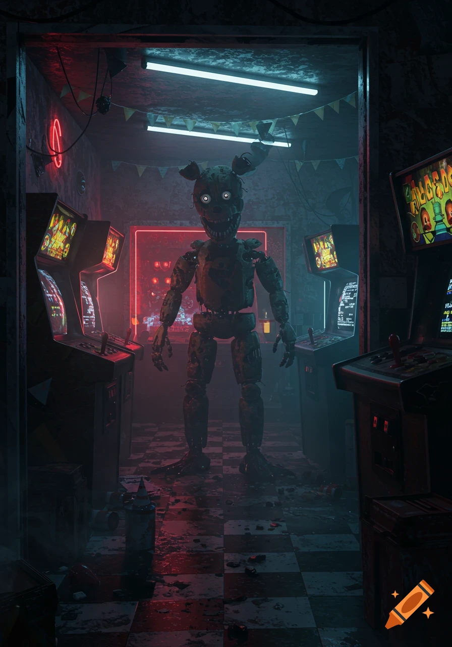 A creepy, dilapidated animatronic from Five Nights at Freddy's stands in a dark, abandoned arcade lit by neon and fluorescent lights. Arcade machines line the grungy room with a checkered floor.