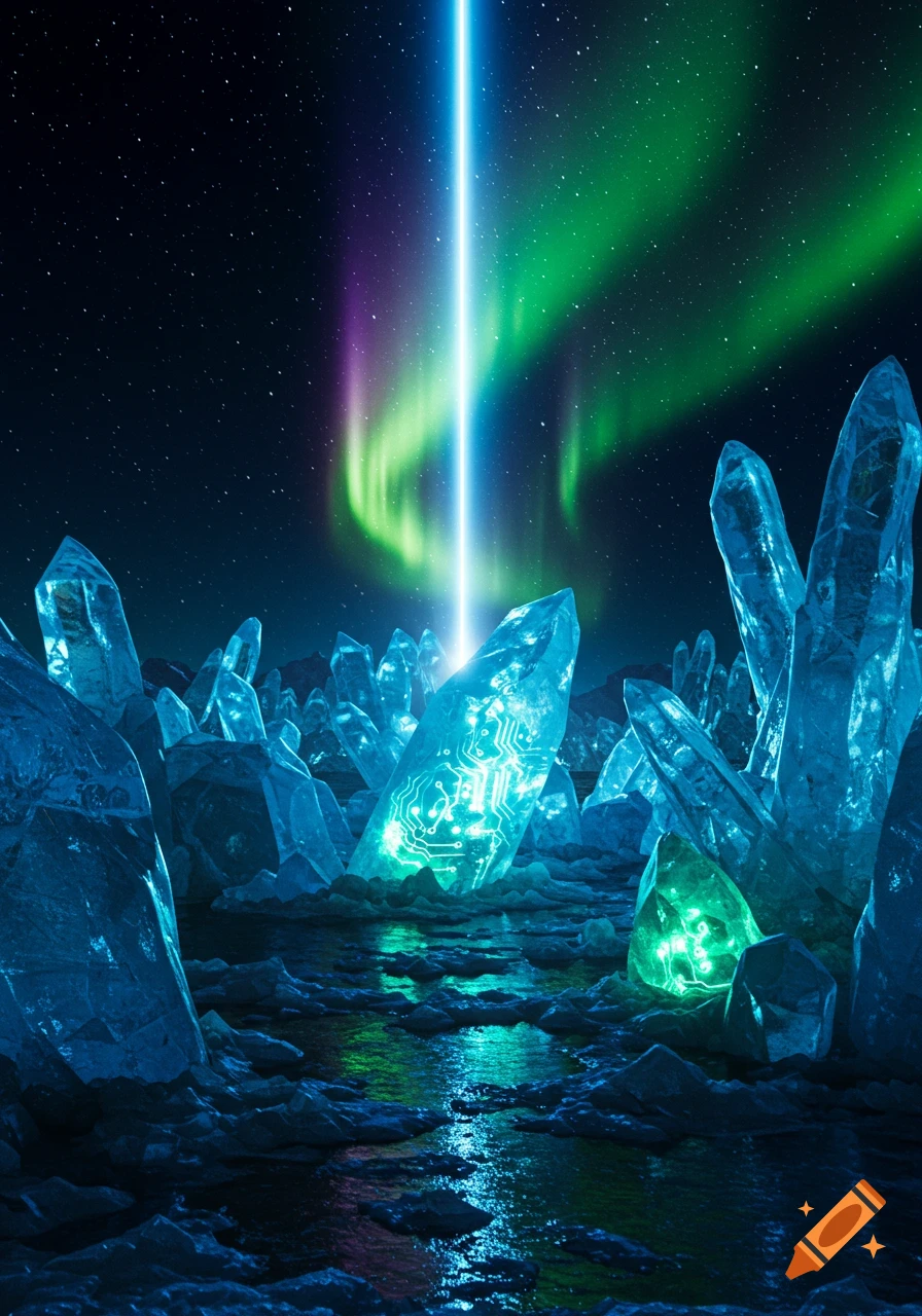 A vibrant sci-fi landscape with glowing blue and green crystals displaying circuit patterns, under an aurora borealis sky with a bright light beam.