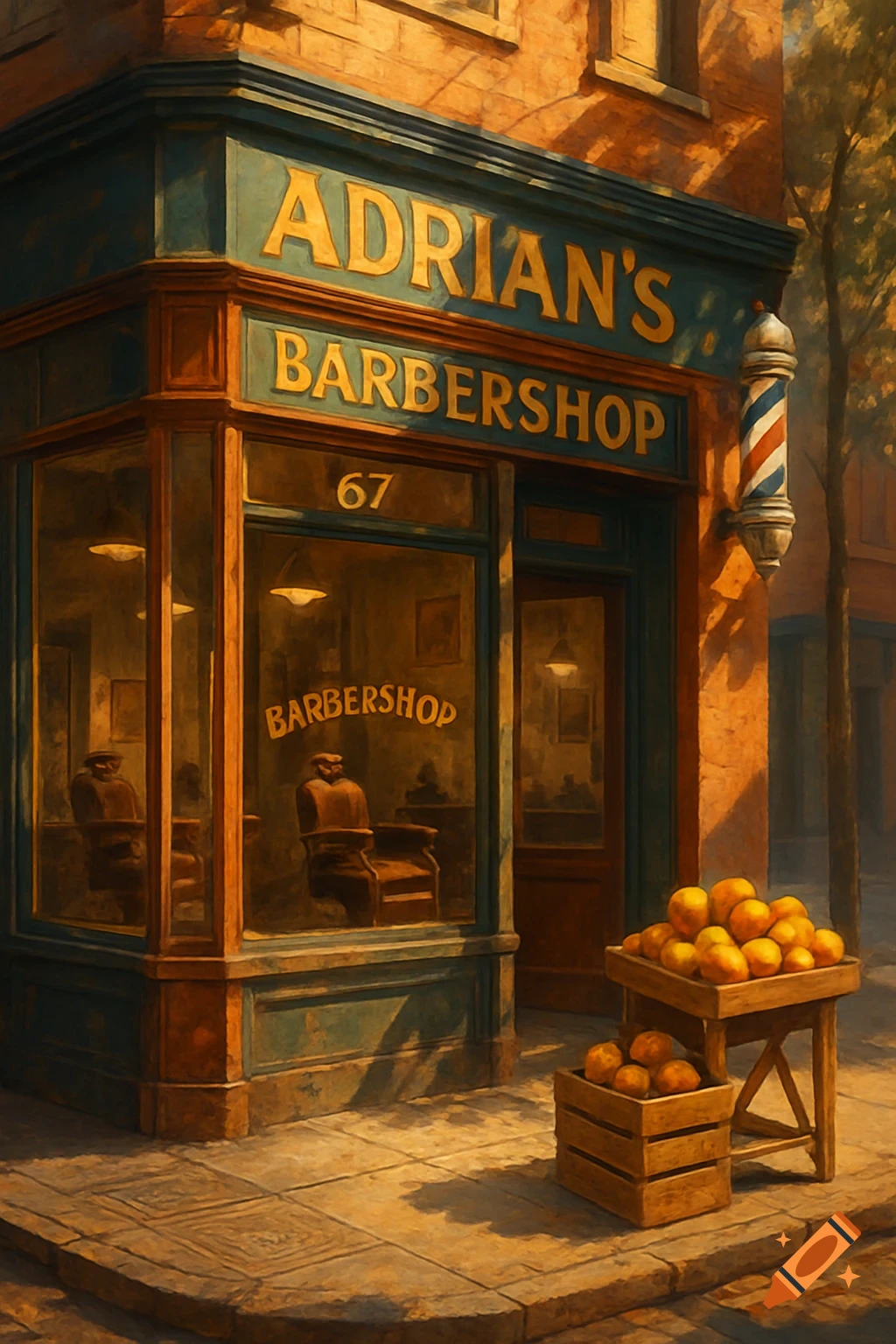 A charming vintage barbershop called Adrian's Barbershop with a striped pole, large windows, and crates of mangos outside. Painterly style.