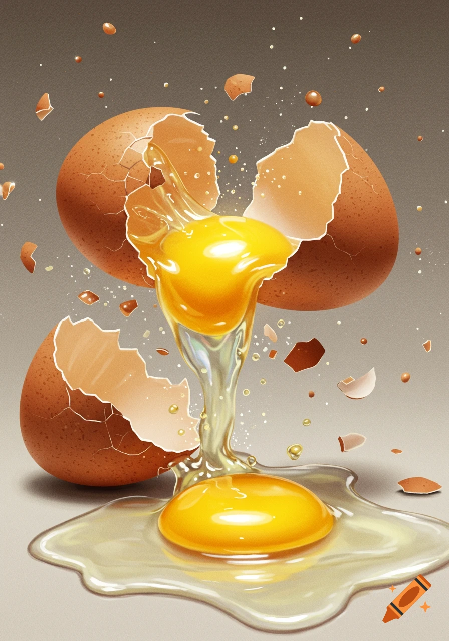 Vibrant illustration of a brown egg breaking, with the yolk and white spilling out and shell pieces flying.