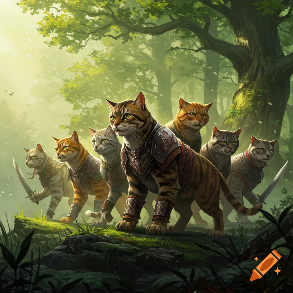 A group of armored warrior cats with swords stands in a lush, sunlit fantasy forest.