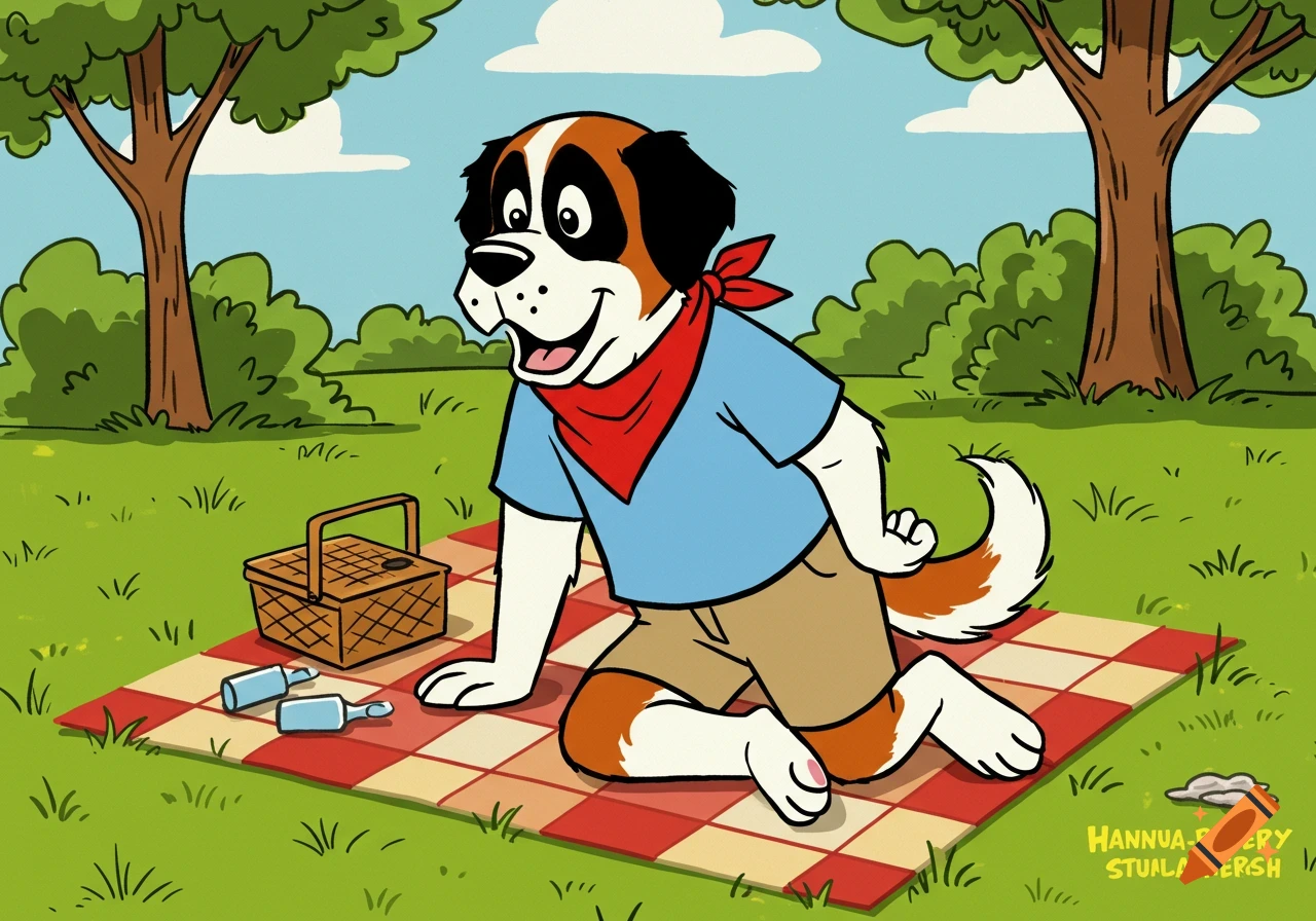 An anthropomorphic St. Bernard dog in a blue shirt and khaki shorts sits on a red and white checkered picnic blanket in a park, next to a picnic basket and two small bottles, in a Hanna-Barbera cartoon style.