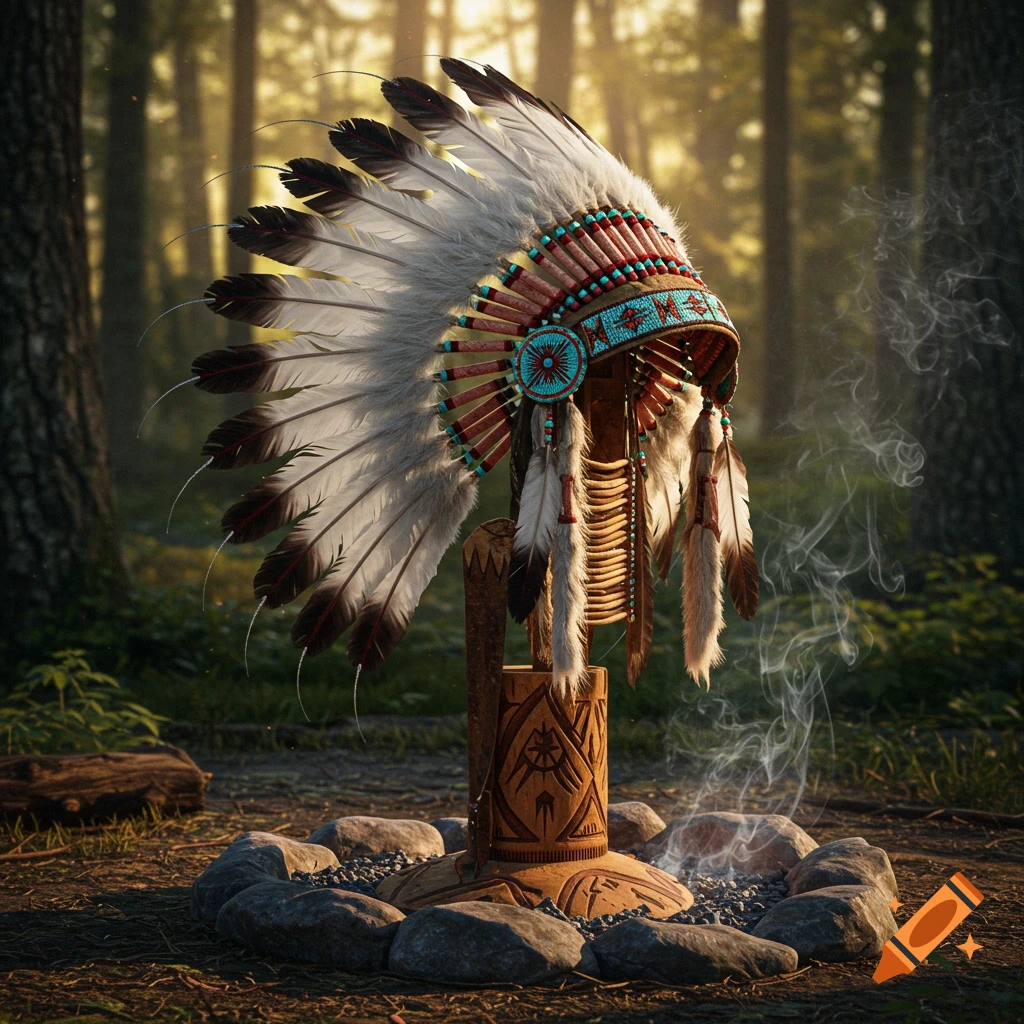 Photorealistic Native American feather headdress on a carved wooden stand in a sunlit forest with smoke.