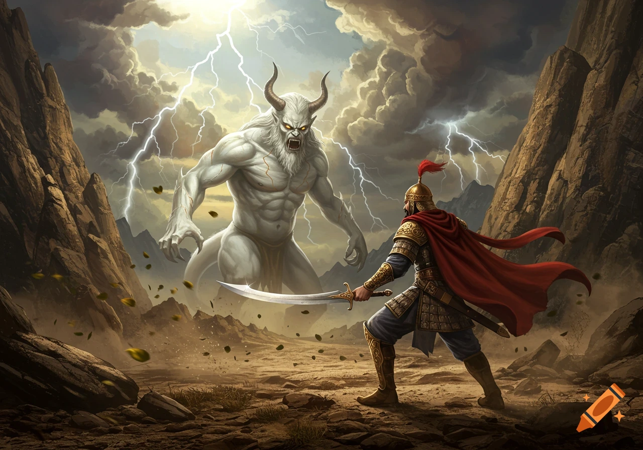 A warrior with a red cape and sword faces a giant white horned monster under a stormy, lightning-filled sky in a rocky landscape.