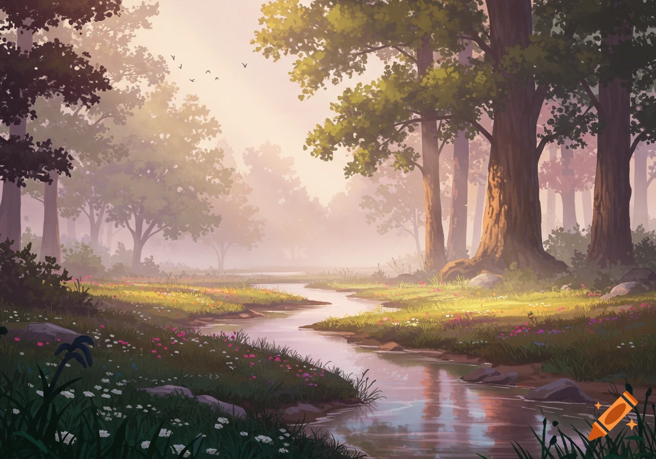 A serene forest landscape illustration with a winding stream, sunlit trees, and vibrant wildflowers. The scene is bathed in a soft, ethereal light.