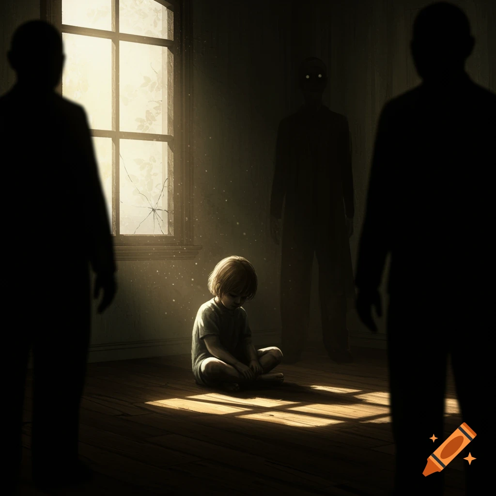 A child sits on a wooden floor in a beam of light, surrounded by two dark, ominous, shadowy figures in a gloomy room.