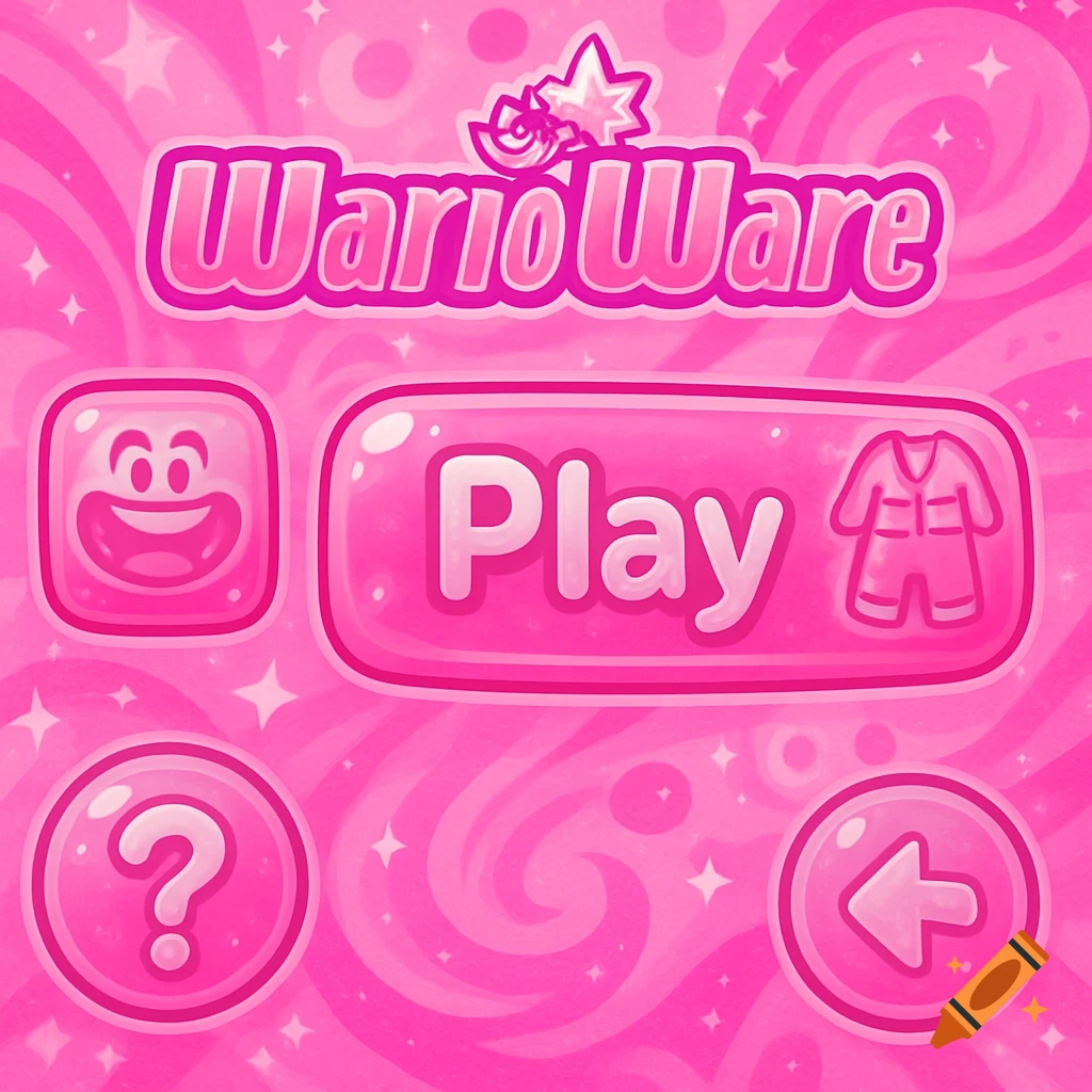 A pink WarioWare in-game UI with a large 'Play' button, character icon, question mark, and back arrow.