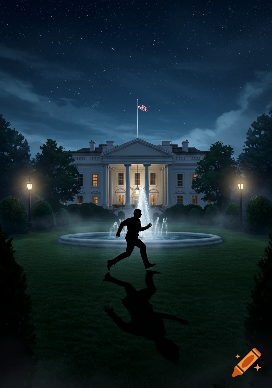 A shadowy figure runs across the lawn in front of the illuminated White House and fountain at night.