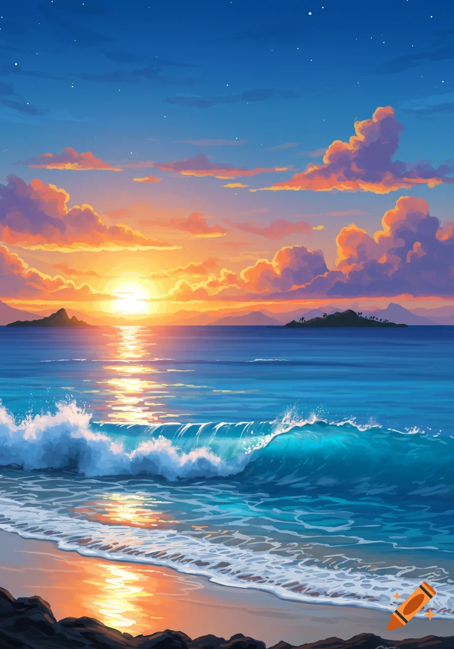 Vibrant digital painting of a tropical beach sunset, golden sun reflecting on ocean waves crashing on the shore with distant islands.