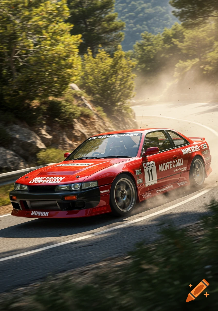 A red Nissan S15 Silvia rally car with a number 11 on the side, kicks up dust as it speeds around a turn on a winding mountain road.