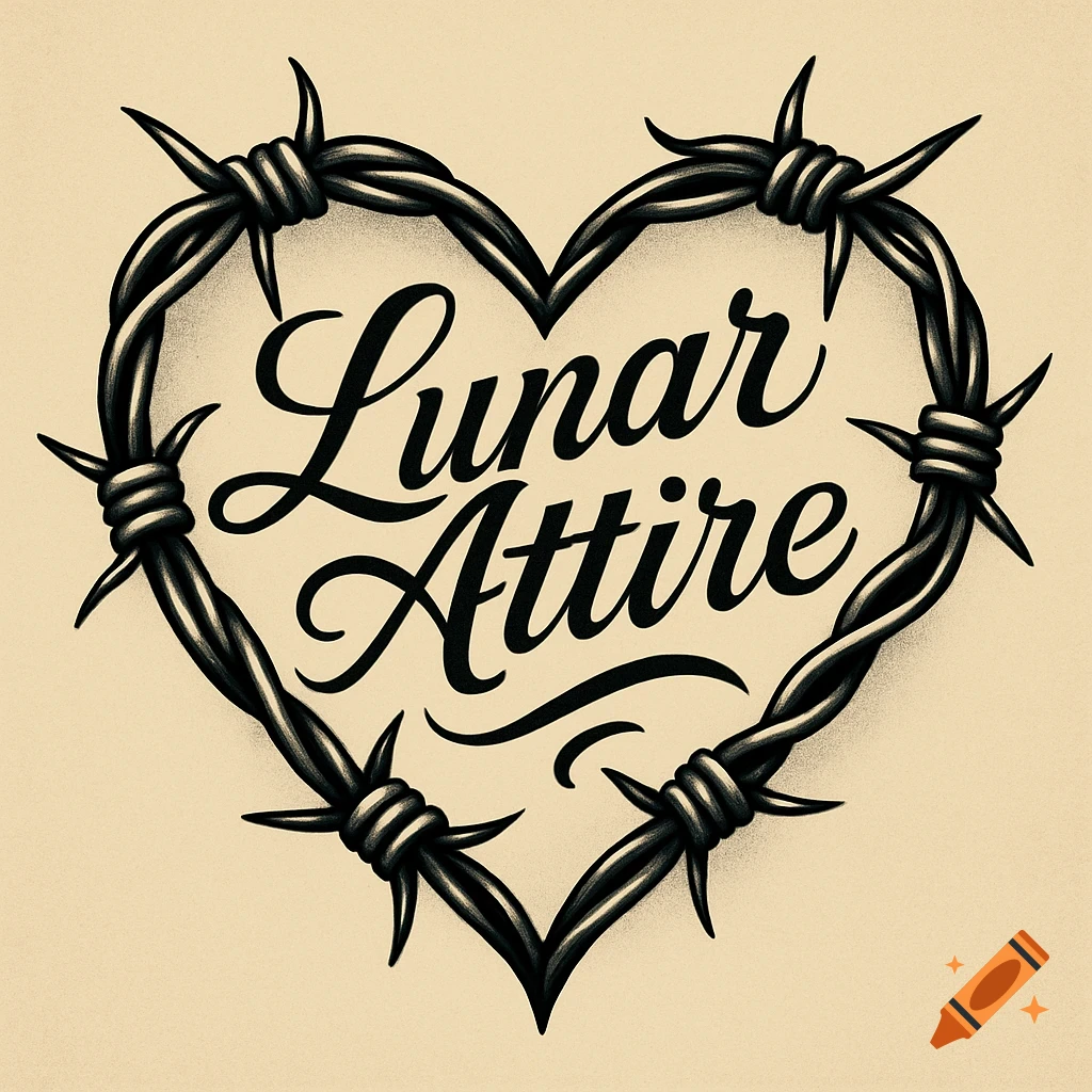 Neo-traditional drawing of a barbed wire heart with 'Lunar Attire' text inside on a beige background.