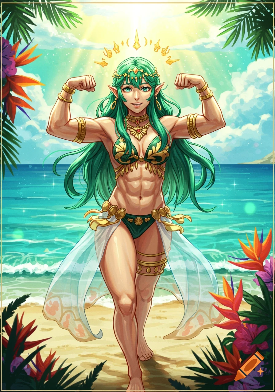 Anime illustration of Sothis from Fire Emblem flexing her muscles proudly on a tropical beach.