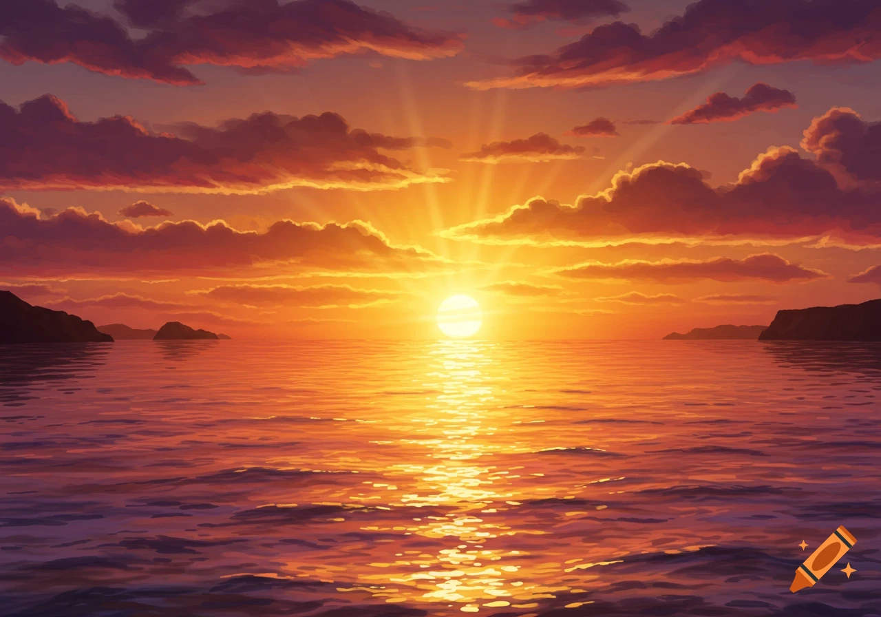 Vibrant animated sunset over the ocean, with orange and yellow light reflecting on the water and clouds, distant islands.