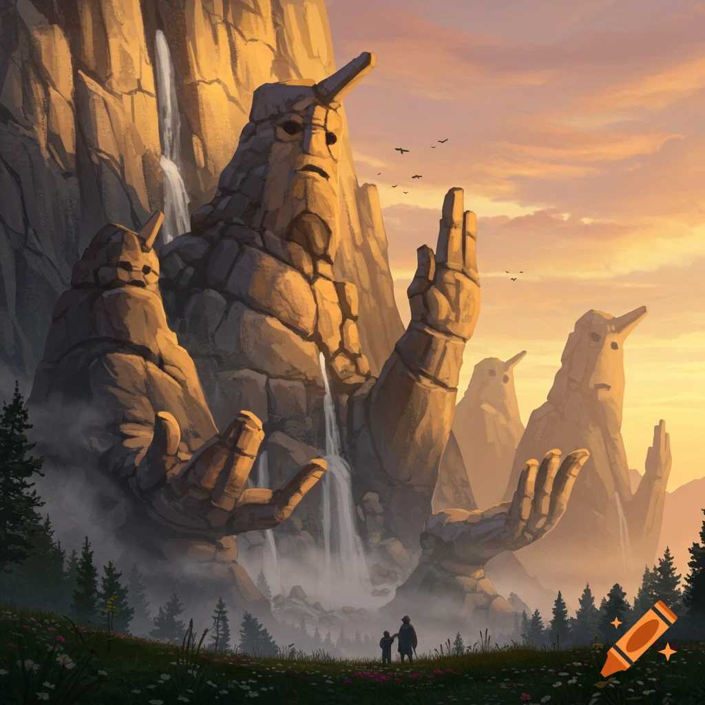 Fantasy art of colossal rock figures with waterfalls and two small people in a misty forest at sunset.