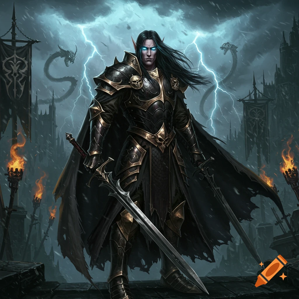 Dark elf warrior in black and gold armor with two swords, standing in a stormy gothic castle under lightning.
