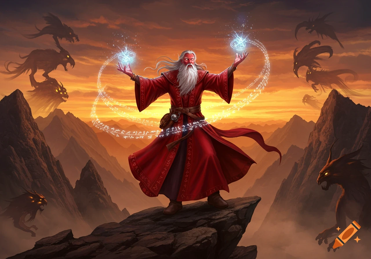 A powerful red wizard with a white beard casts glowing blue spells from a mountain peak as shadowy creatures lurk in the fiery sunset.