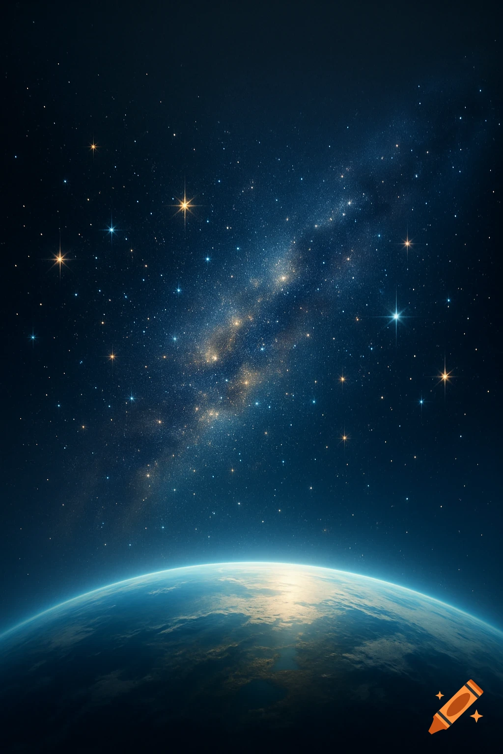 A vibrant view of Earth from space with a glowing horizon, set against a dark, star-filled cosmic background with a bright galaxy.