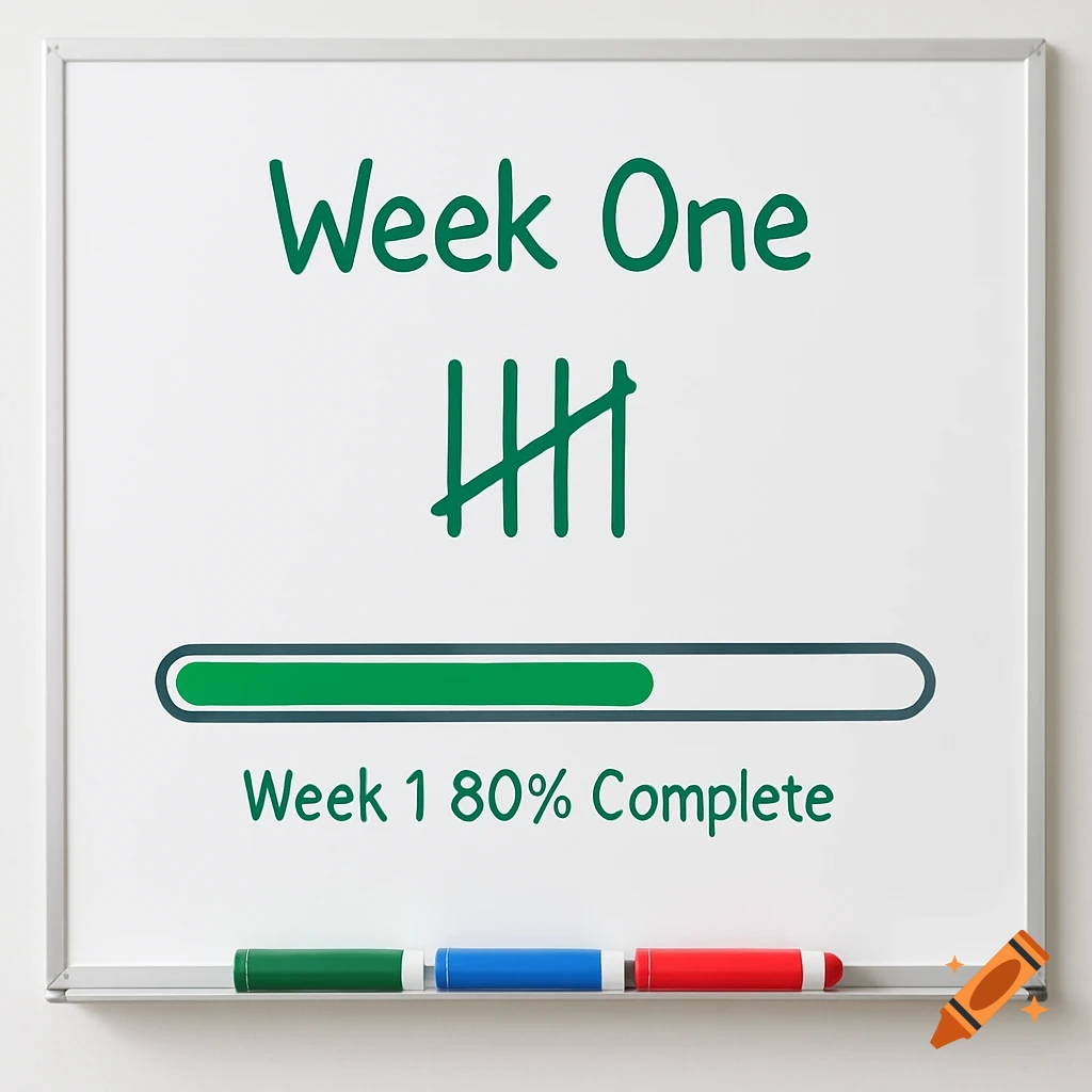 A clean whiteboard displays 'Week One', five tally marks, an 80% complete green progress bar, and 'Week 1 80% Complete' text, with green, blue, and red markers on the tray.