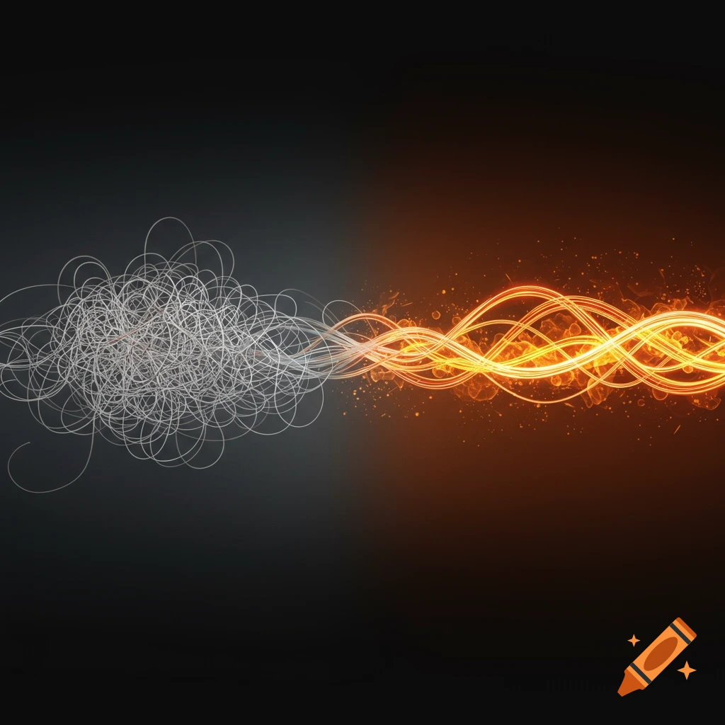 Abstract digital illustration featuring chaotic, thin white lines on the left transitioning into organized, glowing orange lines on the right.