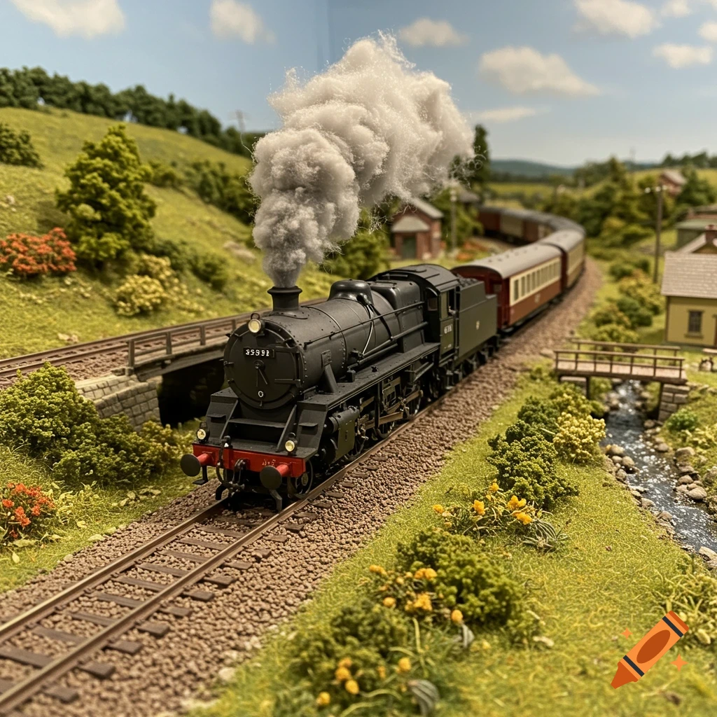 A detailed model black steam train with white smoke travels through a miniature green landscape with houses, trees, a bridge, and a river.