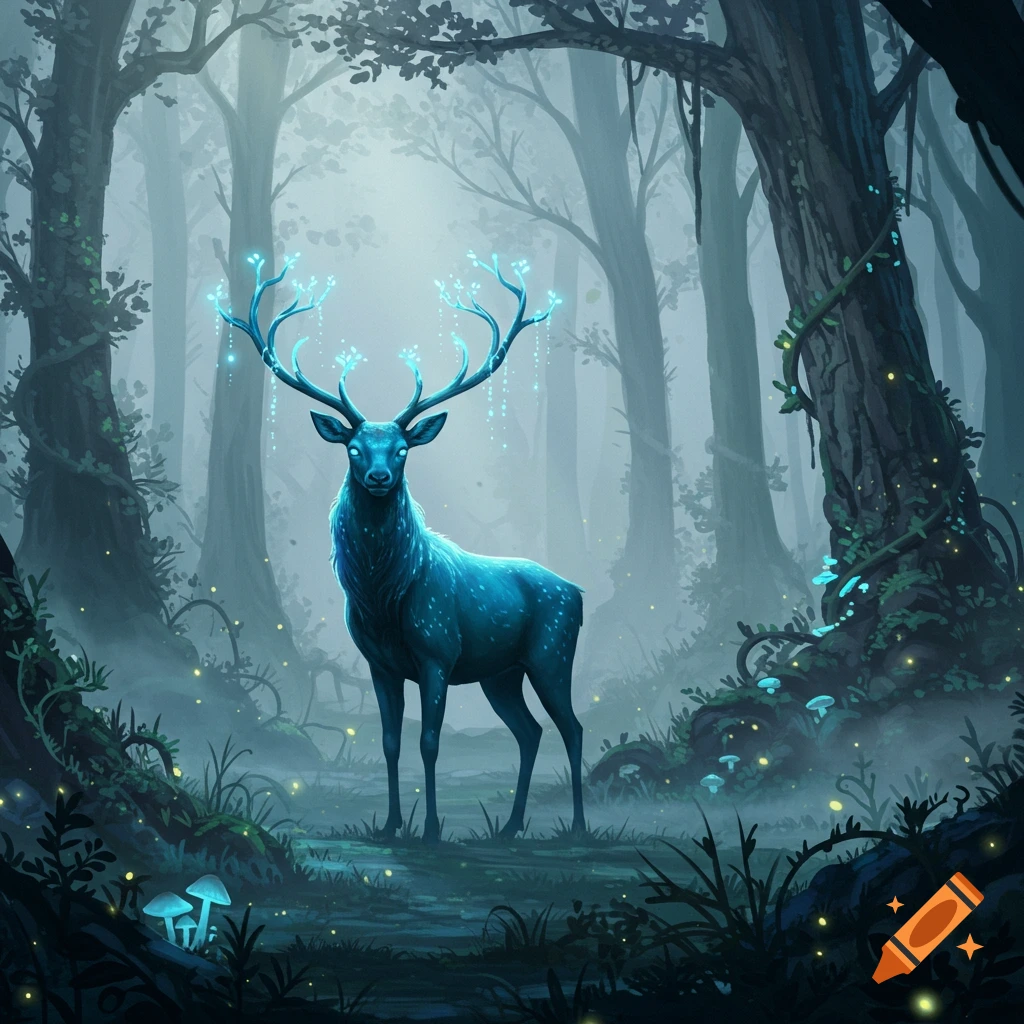 A mystical blue deer with glowing antlers stands in a misty, magical forest with luminescent plants.