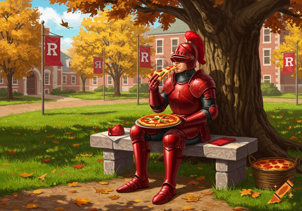 A red armored knight sits on a stone bench under a tree, eating a slice of pizza on a college campus with 'R' flags in autumn.