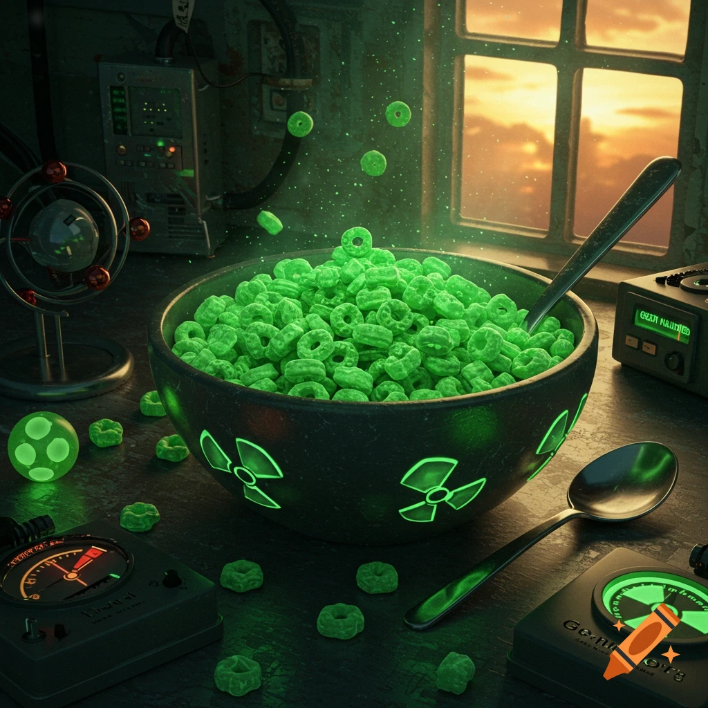 A bowl of glowing green cereal with radiation symbols, surrounded by scientific instruments and a spoon on a table with a sunset window.