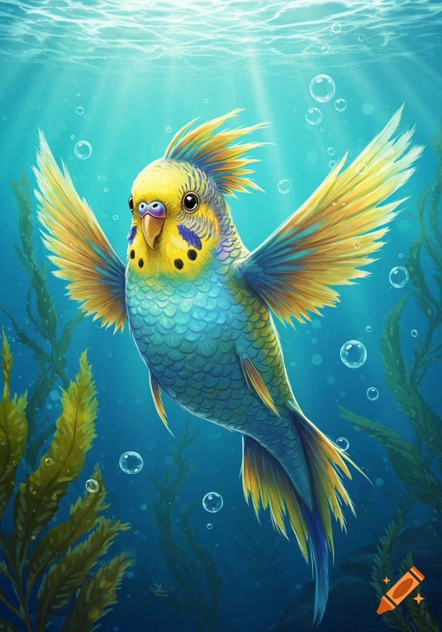 Vibrant yellow and blue budgie-fish hybrid swimming gracefully underwater with kelp and bubbles.