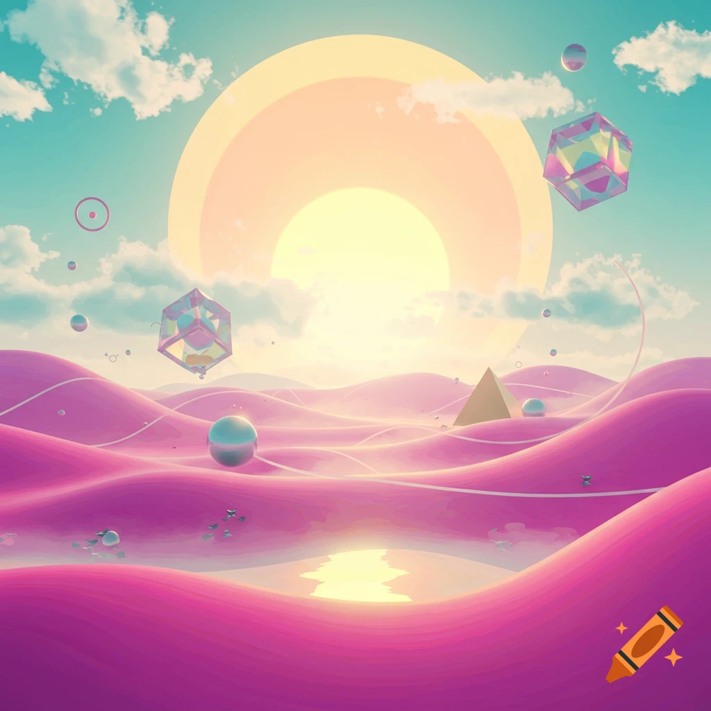 A vibrant surreal landscape with pink dunes, a large glowing sun, floating geometric shapes like cubes and spheres, and a blue sky with clouds.
