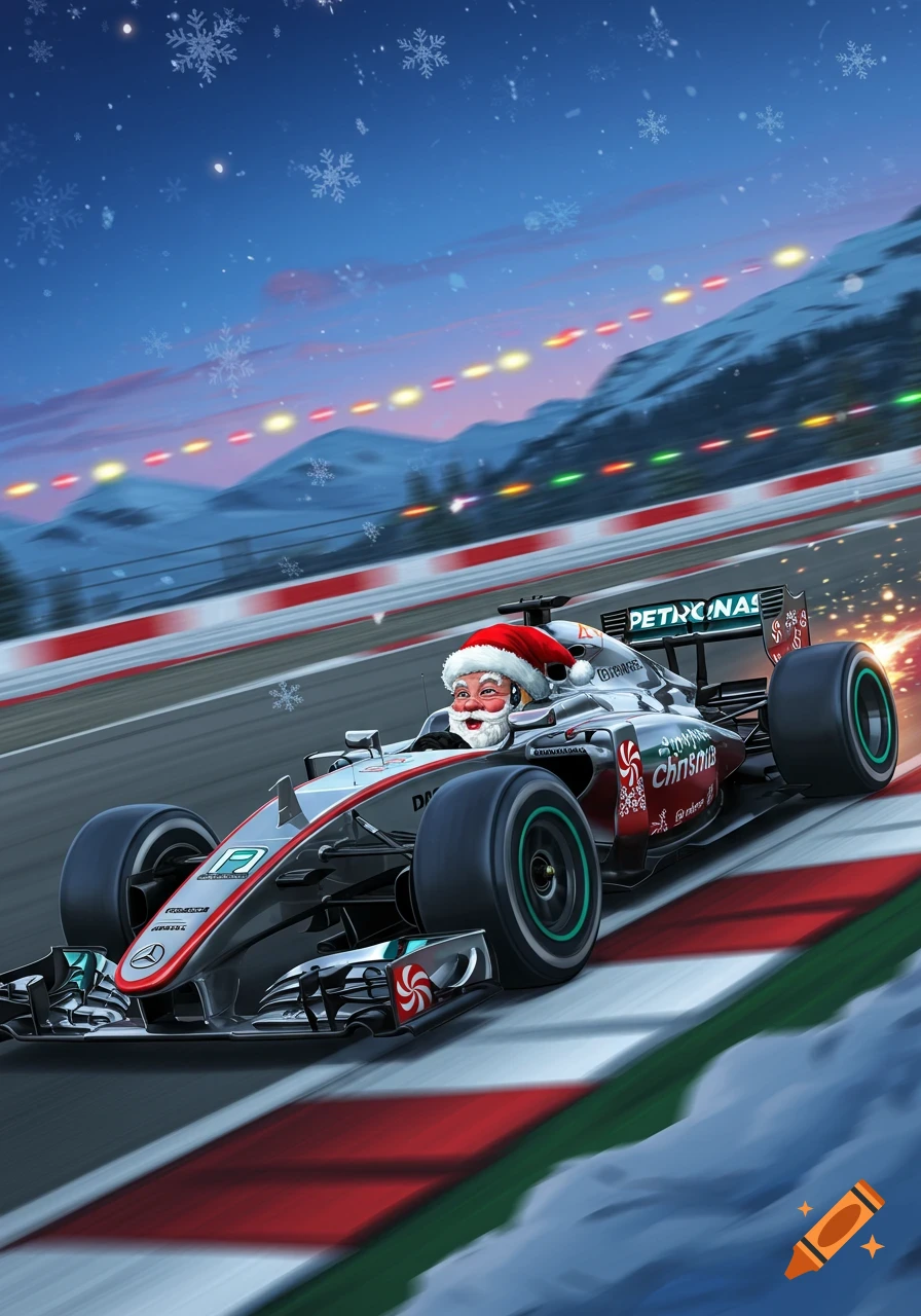 Illustration of Santa Claus driving a Christmas-themed Formula 1 car on a snowy race track at night.