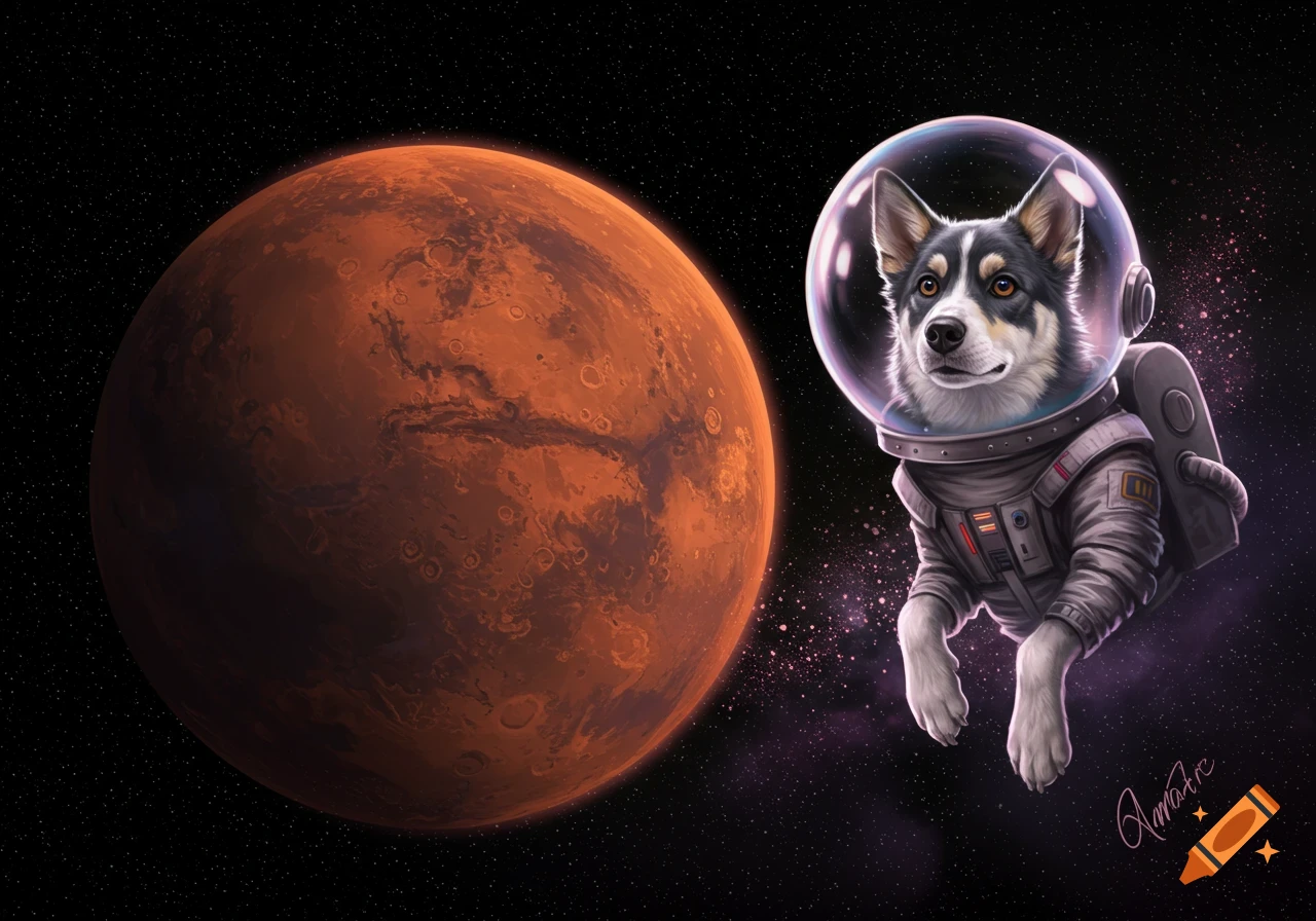 A husky-like dog in a detailed spacesuit floats next to the planet Mars in a star-filled space scene, digital art.