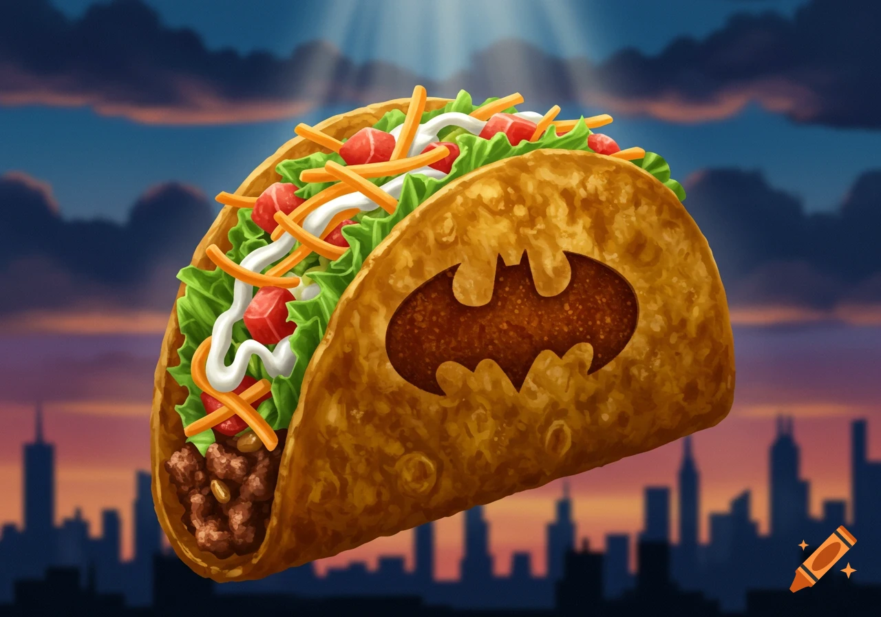 Illustrative taco with a Batman symbol on its shell, filled with ingredients, against a city skyline at dusk.