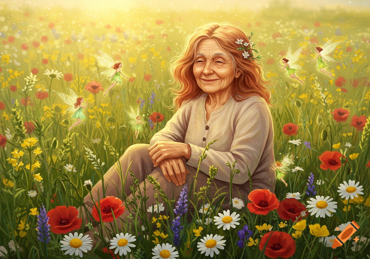 A serene elderly woman with reddish hair sits in a sunlit wildflower field with fairies flying around her, in an illustrative style.