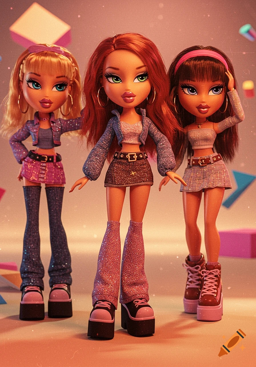 Three computer-animated Bratz-style fashion dolls in sparkly 90s retro outfits, including crop tops, mini skirts, and platform shoes.