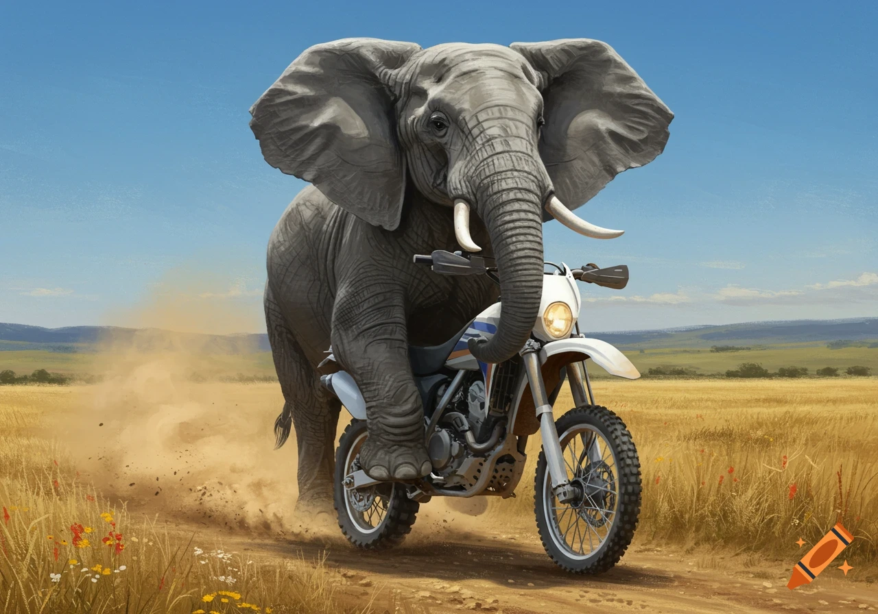 A majestic elephant rides a dirt bike down a dusty path in a sunny savanna. Digital art.