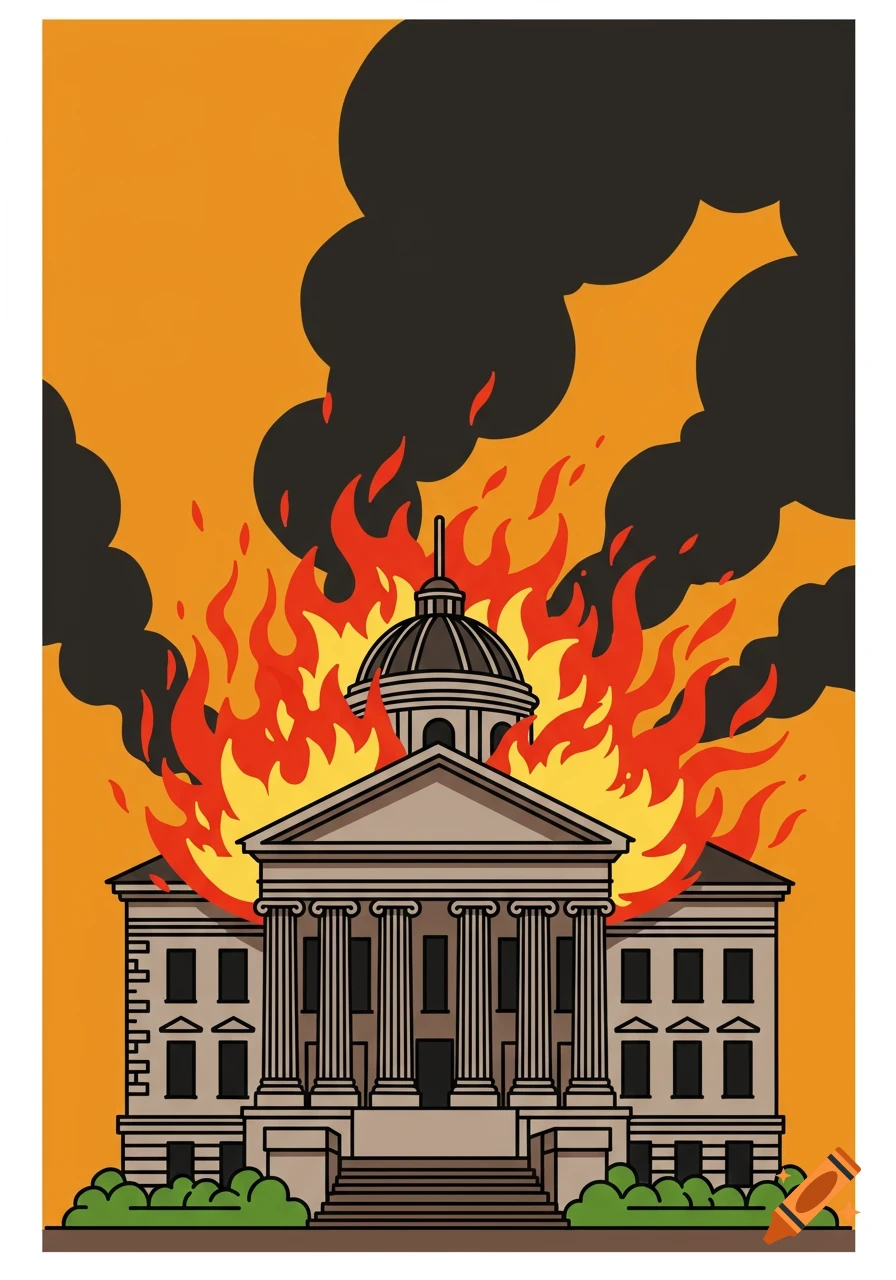 Cartoon illustration of a courthouse engulfed in flames with black smoke rising into an orange sky.