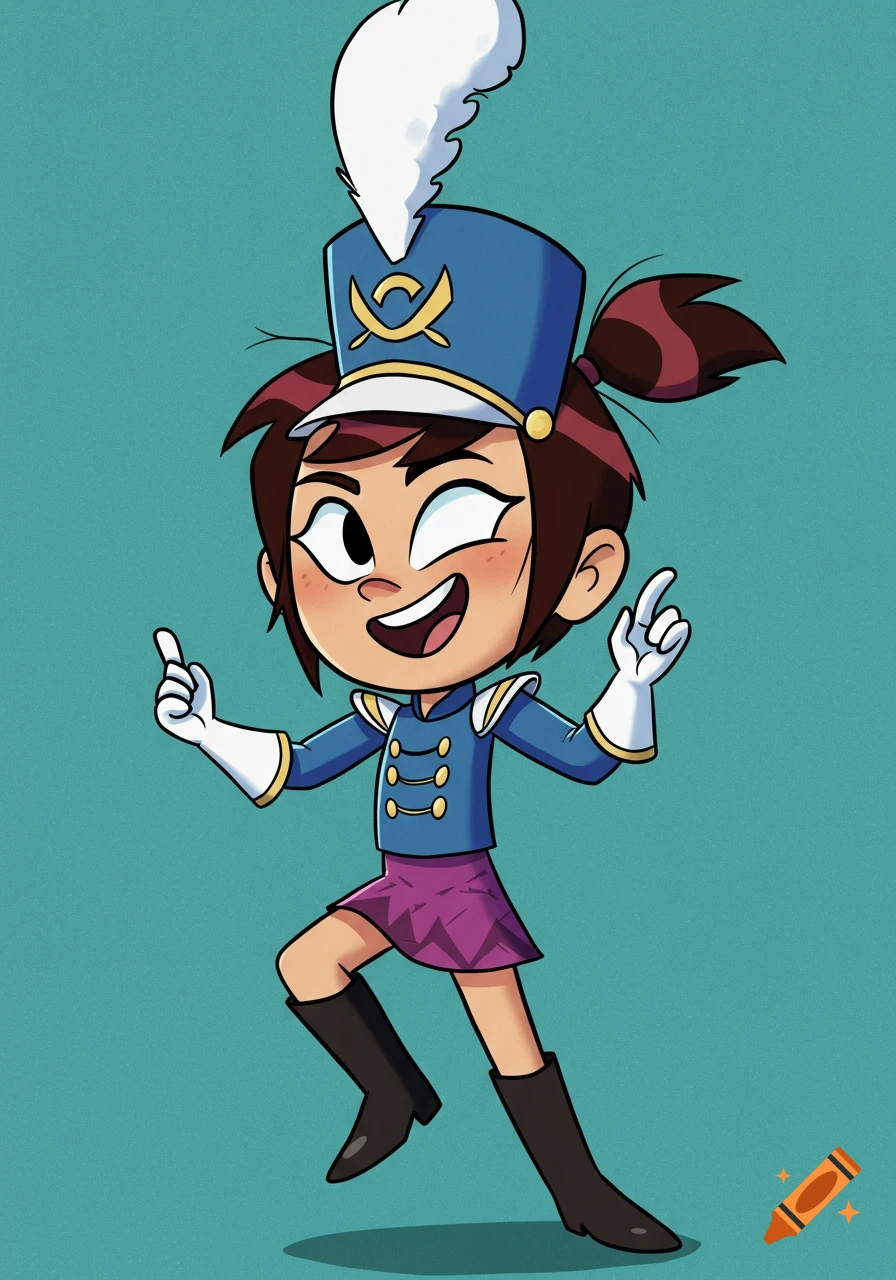 A smiling cartoon character, Molly McGee, in a blue marching band uniform with a white plume and purple skirt, points while standing against a teal background.