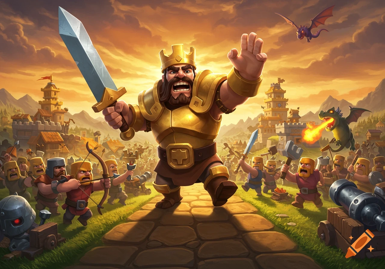 A cartoon king in golden armor with a sword leads an army of soldiers and dragons towards a castle at sunset.