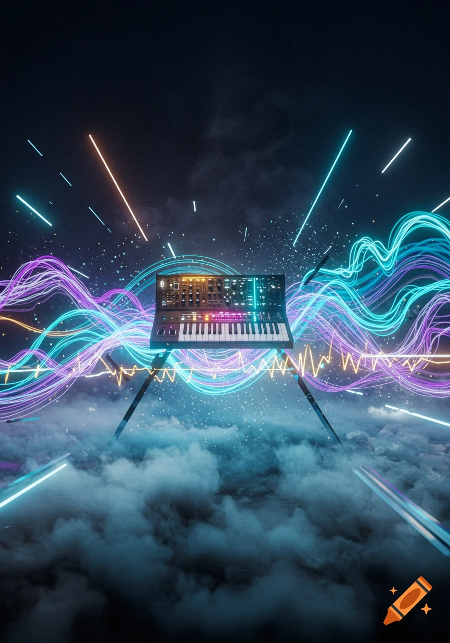 A digital synthesizer keyboard floats amidst neon purple and blue sound waves, sparkling particles, and smoke, set against a dark, cosmic background.