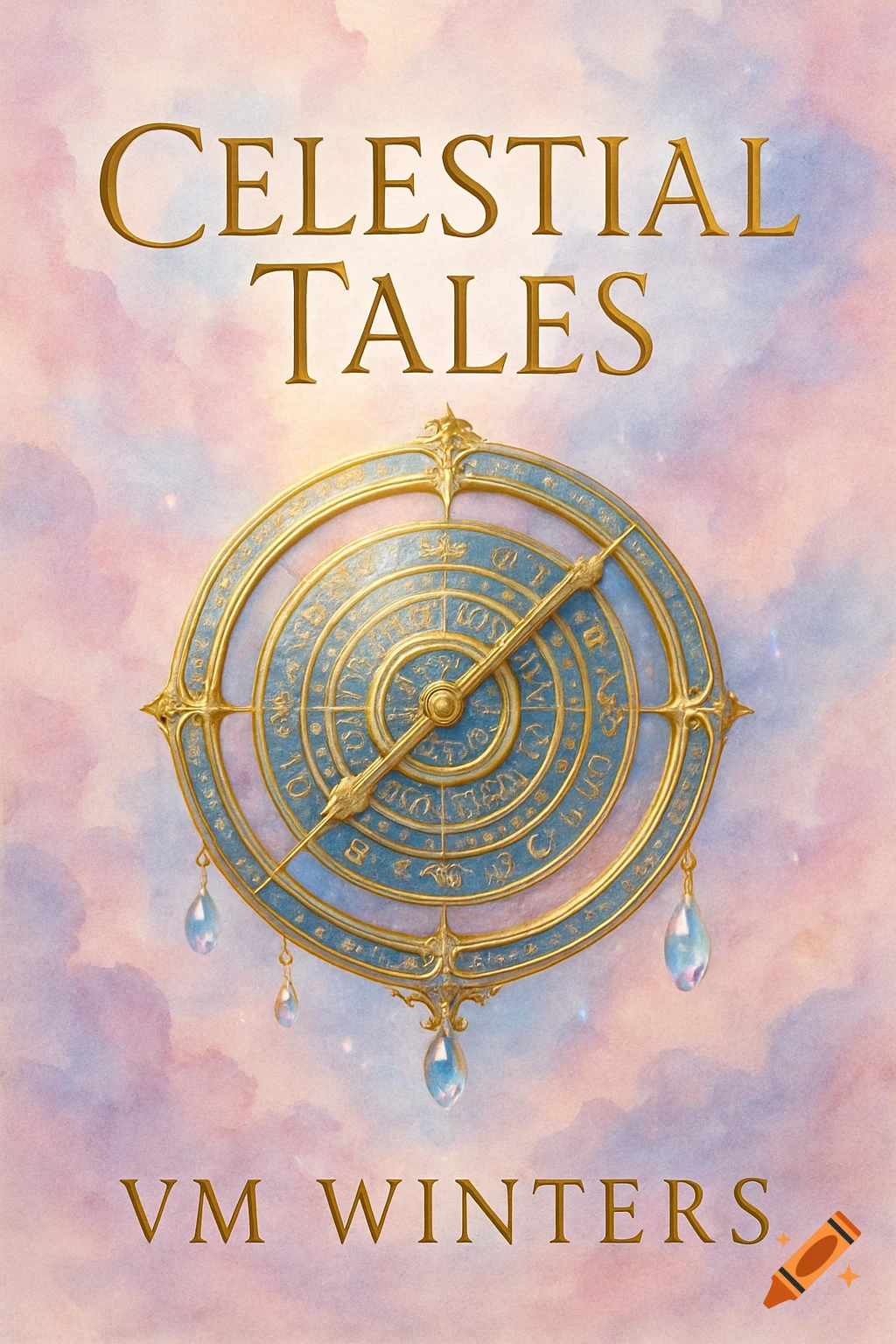 Book cover for 'Celestial Tales' by VM Winters, featuring a gold and blue celestial compass on a pastel watercolor cloud background.