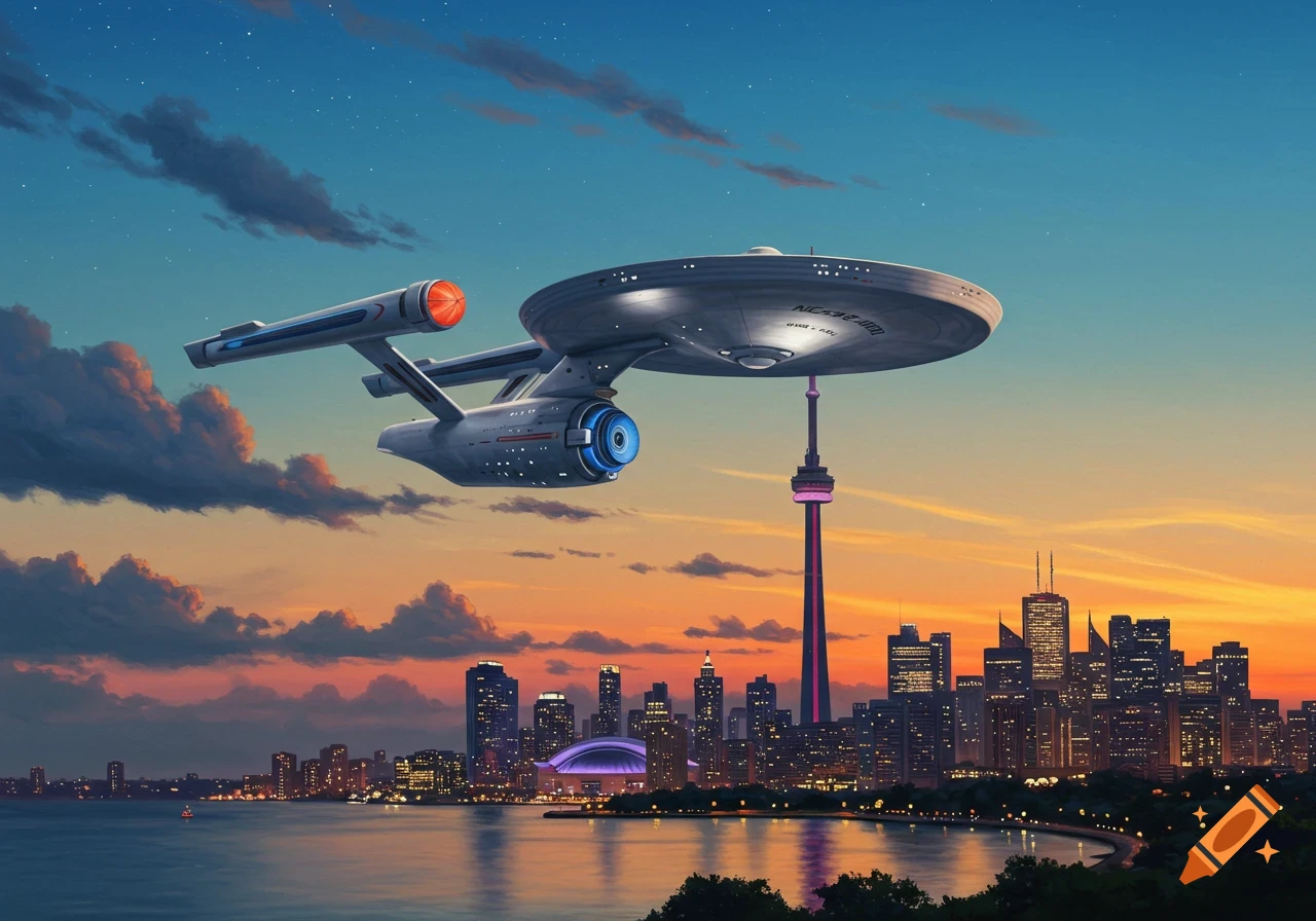 The Starship Enterprise flying over the Toronto skyline and CN Tower at sunset, reflecting in the water.