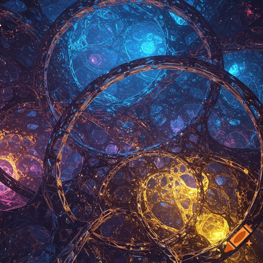 Intricate abstract geometric patterns of glowing blue, purple, and orange interconnected rings and cellular structures.