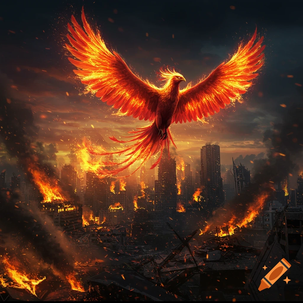 A majestic phoenix with fiery wings soars above a city engulfed in flames and smoke under an ominous sky.