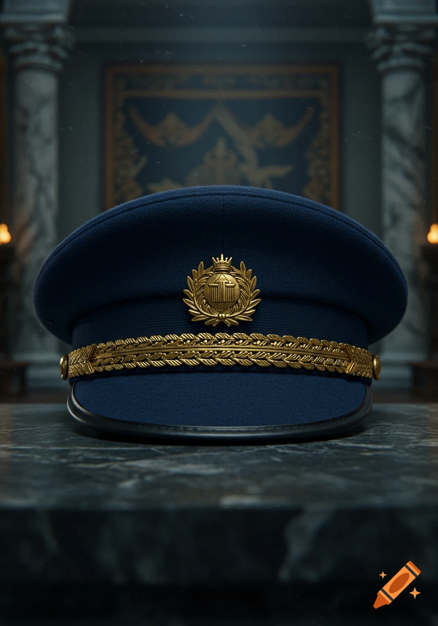 A photorealistic navy blue authority hat with gold emblem and braided band on a dark marble surface in a dimly lit, ornate room.