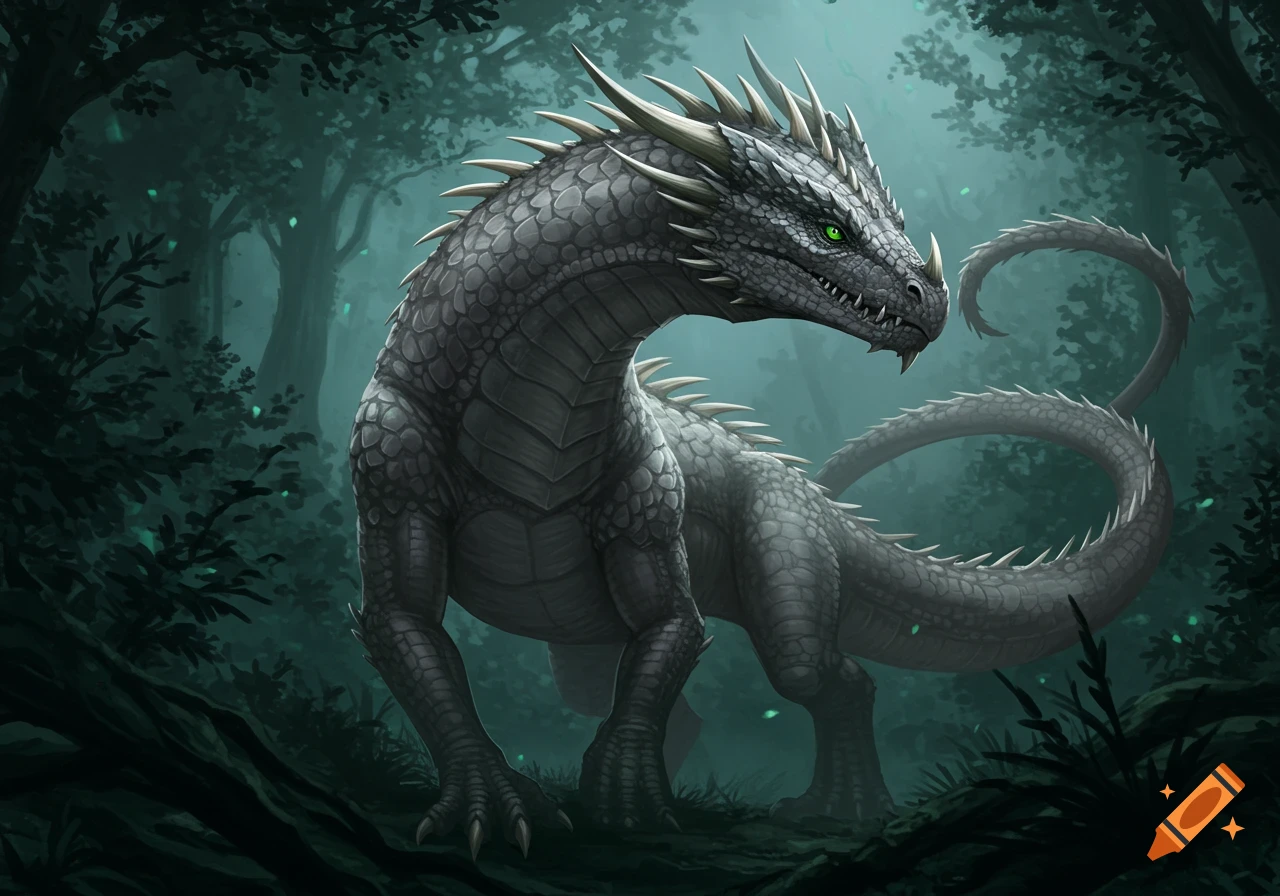 A massive, muted onyx-gray dragon with emerald eyes and ivory spines stands in a dark, misty forest. Digital painting.